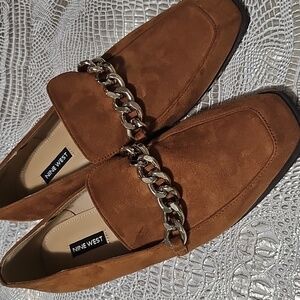 Nine West Brown Loafers with Silver Chain Accent